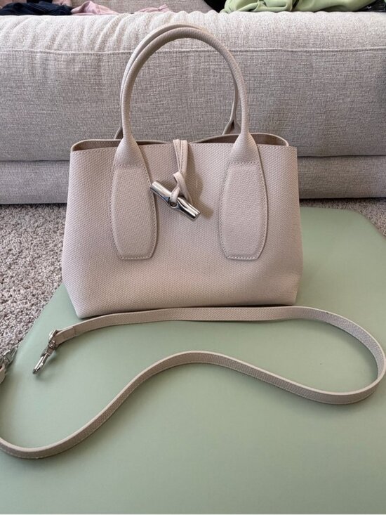 Longchamp Handbags - Longchamp Roseau Textured Cream Satchel with Silver Hardware